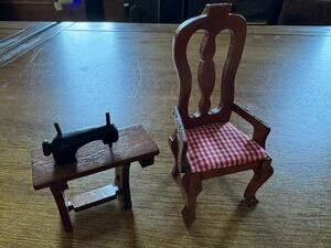 Miniature Wooden Sewing Table & Chair Dollhouse Furniture Set